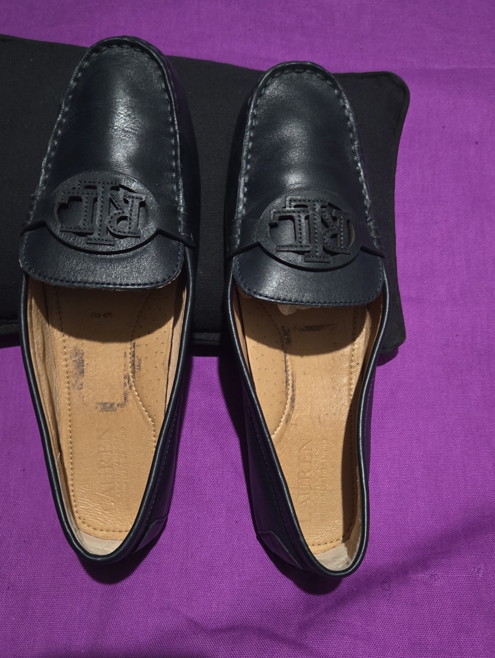 Ralph Lauren Black Leather Women's Loafers with Logo Medallion